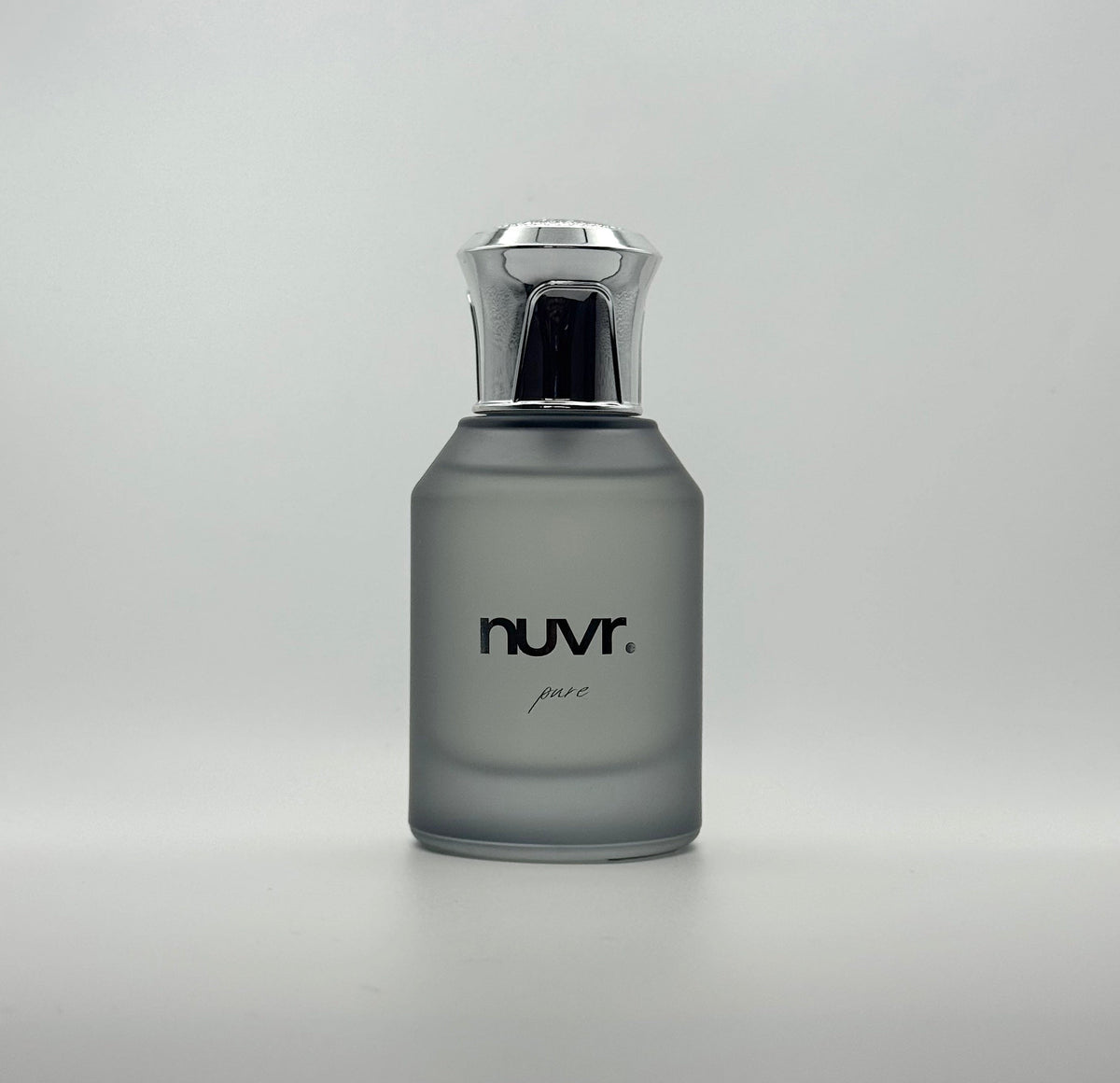 A frosted gray glass bottle of nuvr. pure with a shiny silver metallic cap, centered on a light gray background.